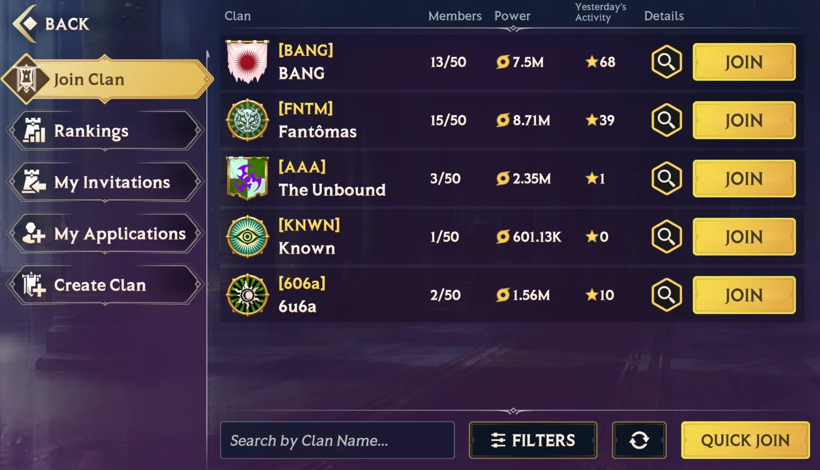 Экран выбора клана в Invokers: Titan Legacy